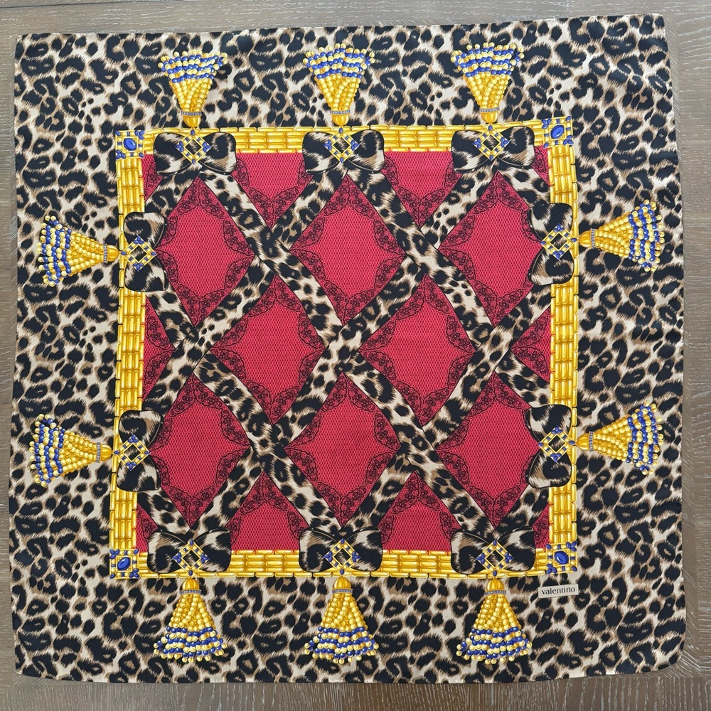 Valentino Leopard & Red Silk-Effect Decorative Silk Scarf
